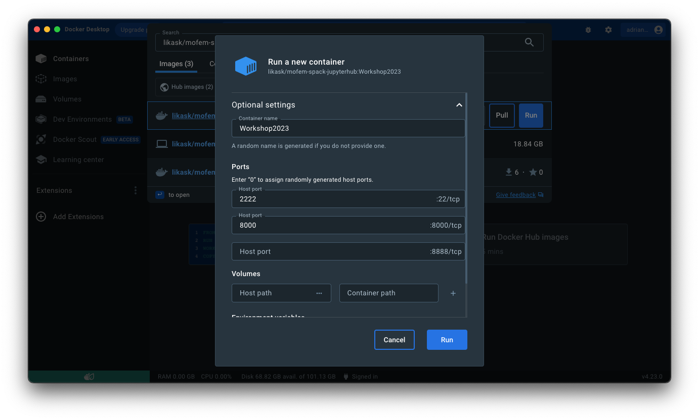 Docker - container run settings for ports: 2222:22 and 8000:8000